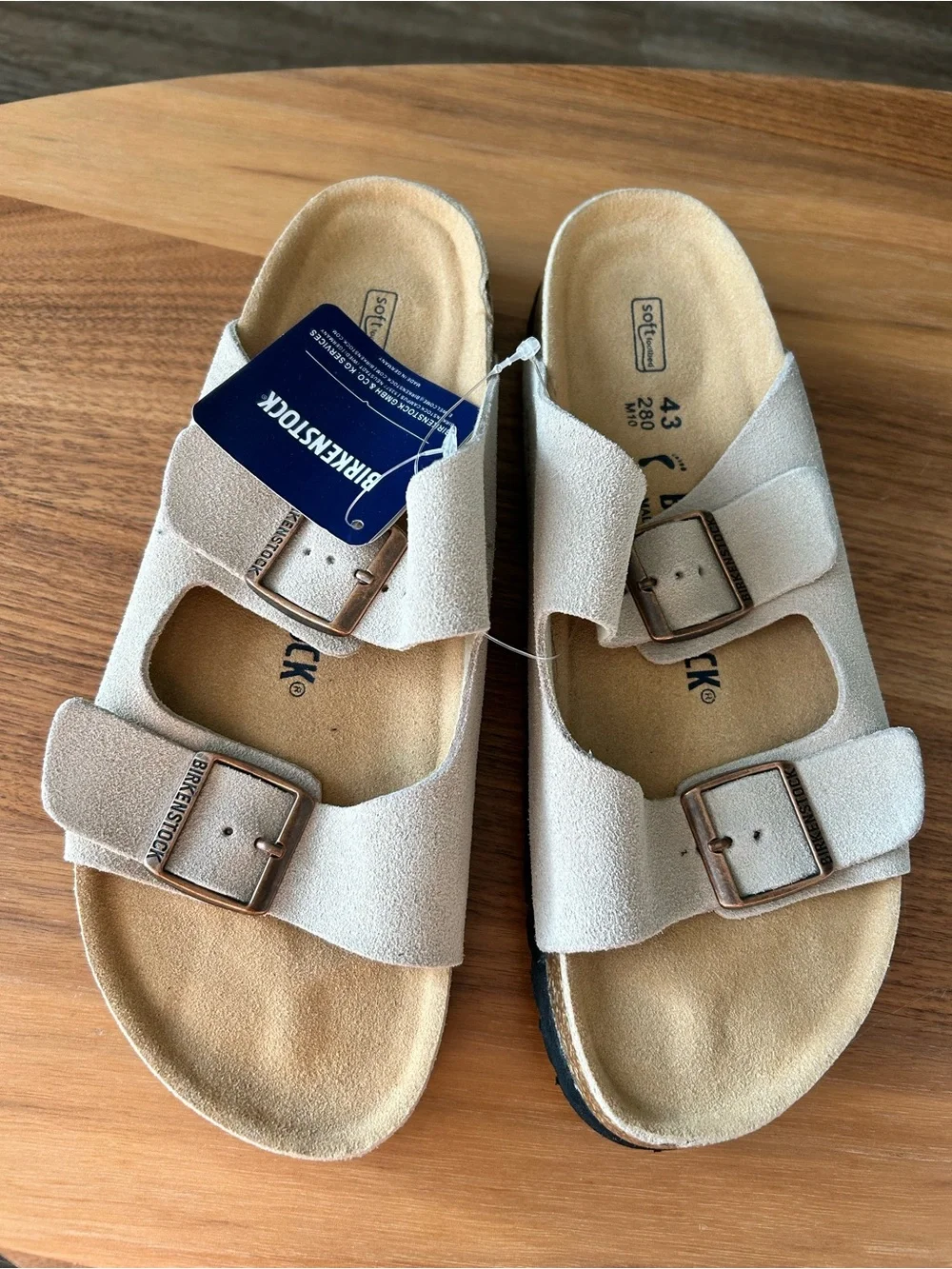 Birkenstock Sandals in Light Beige Suede with Copper Buckles